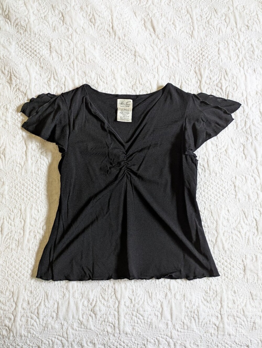 Kathie Lee Collection Black V-Neck Ruched Short Sleeve Top